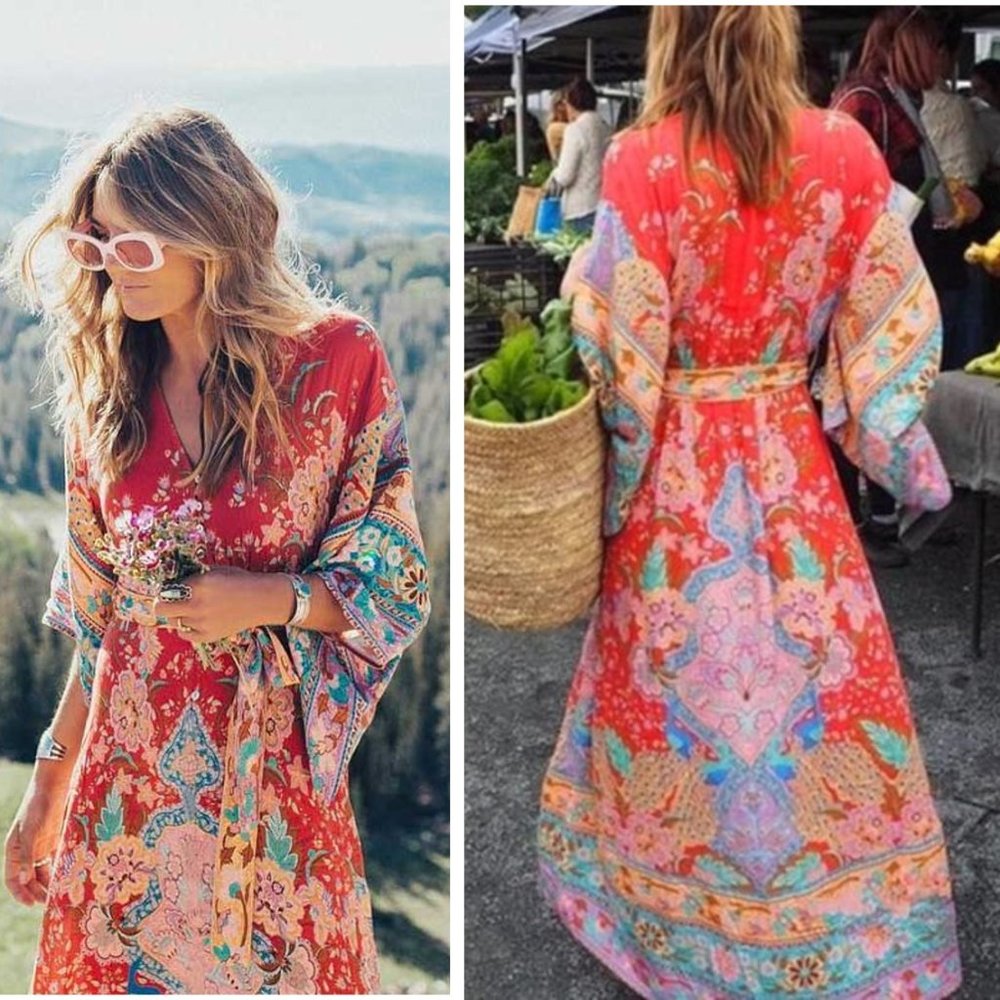 New Floral Kimono Red Maxi Summer Belted Dress